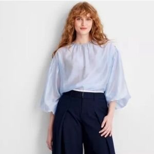 Sheer Light Blue Long Sleeve Blouse, Xs
